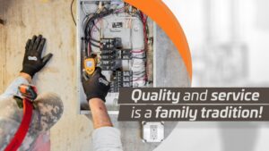 An electrician working on an open electrical panel, demonstrating expertise from J. Bathe Electric in Saint Charles, MO.