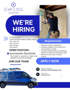 An electrician performing work on an electrical panel for Weiss Electric in Anoka, MN