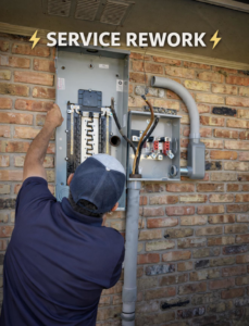 An electrician from Tony James Electrical service working on a service panel rework in Houma, LA.