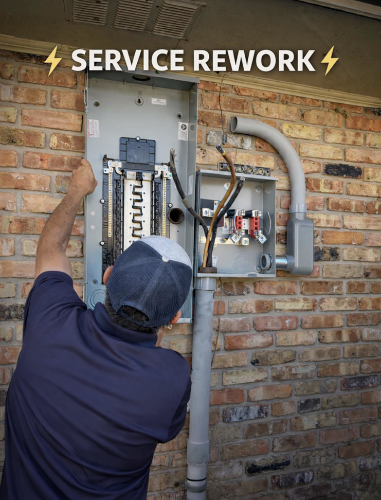 An electrician from Tony James Electrical service working on a service panel rework in Houma, LA.