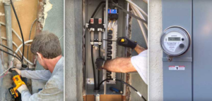 An electrician working on wiring, an electrical panel, and an outdoor meter, services provided by Your Gilbert Electrician in Gilbert, AZ.