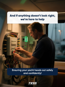 An electrician working on a complex electrical panel inside a yacht for Tess Electrical Sales and Service in Fort Lauderdale, FL.