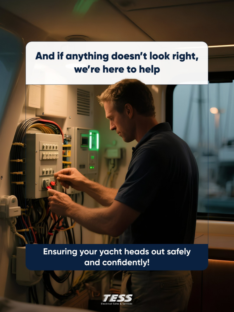 An electrician working on a complex electrical panel inside a yacht for Tess Electrical Sales and Service in Fort Lauderdale, FL.