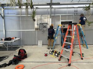 Two electricians installing electrical panels and wiring in a commercial space for Justin Benevage Electrical, LLC in Lake Charles, LA