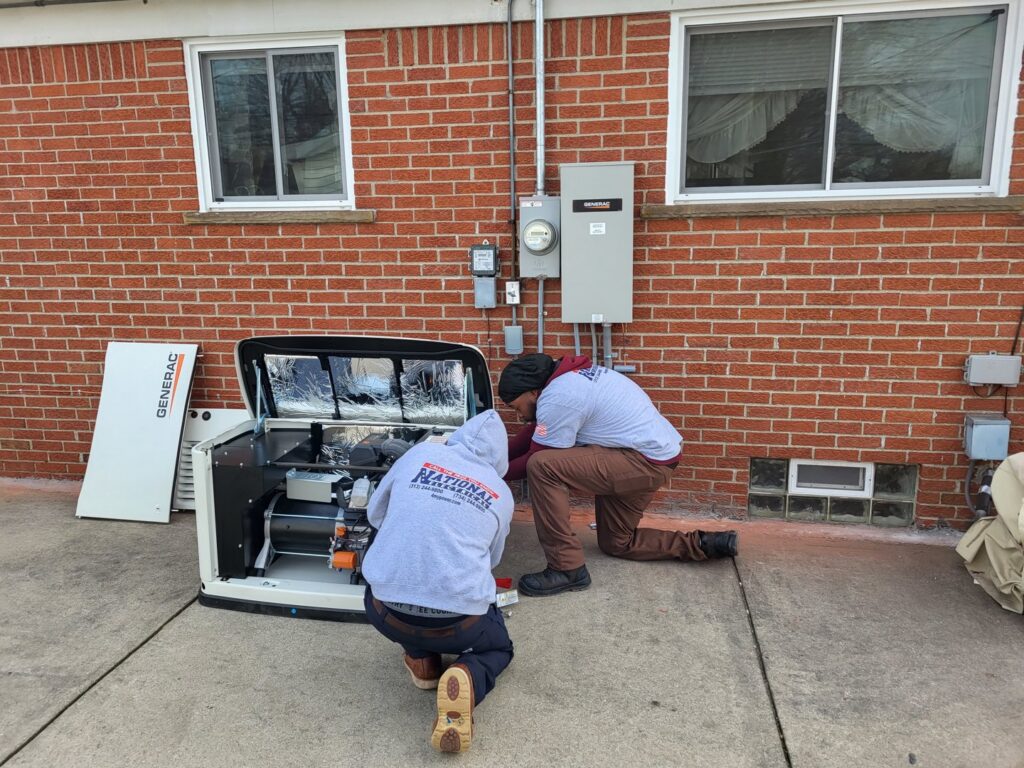 Two electricians from National Electric - Lansing installing a Generac generator outside a home in Lansing, MI.