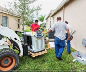 Electricians installing a new home backup generator with a skid steer for Power Pro Electricians Roanoke, VA