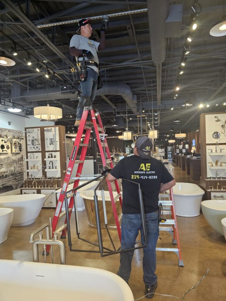 Two electricians from Acevedo's Electric installing overhead wiring and conduit in a commercial space in Dallas, TX.