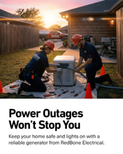 Two electricians installing a residential standby generator for Redbone Electrical Contractors in Oklahoma City, OK.