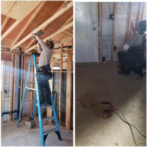 Electricians from Vets Electric Company performing new construction wiring in a residential building in Tacoma, WA