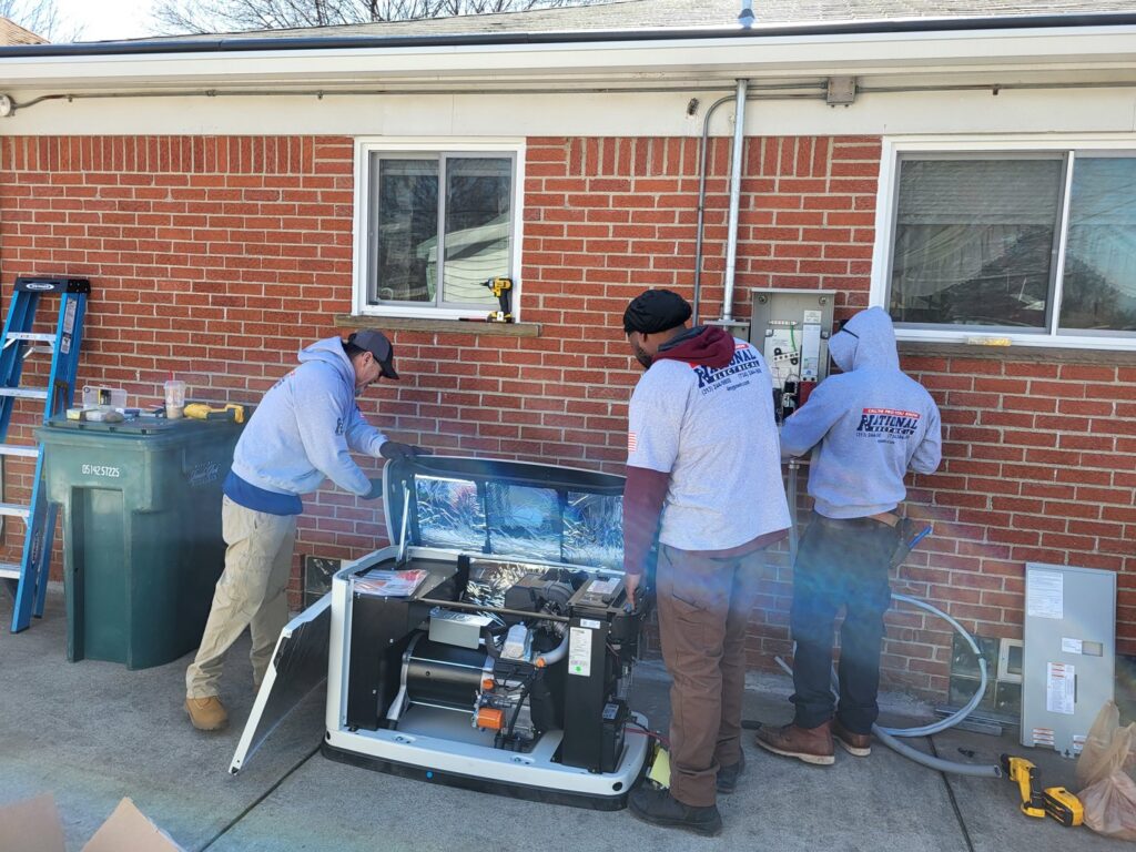 Three electricians from National Electric - Lansing servicing a Generac generator outside a home in Lansing, MI.