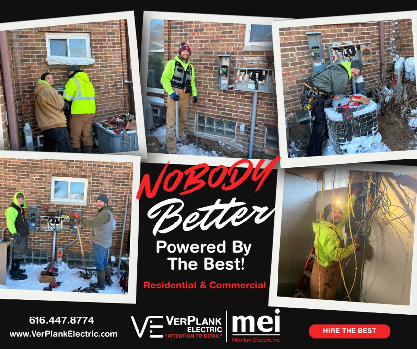 Electricians from VerPlank Electric working on outdoor and indoor electrical panels in Grand Rapids, MI