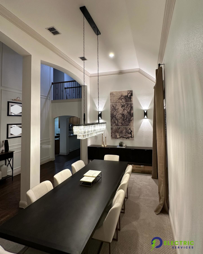 Elegant dining room with professional lighting installation, including chandelier and sconces, by O Electric Services in Dallas, TX.
