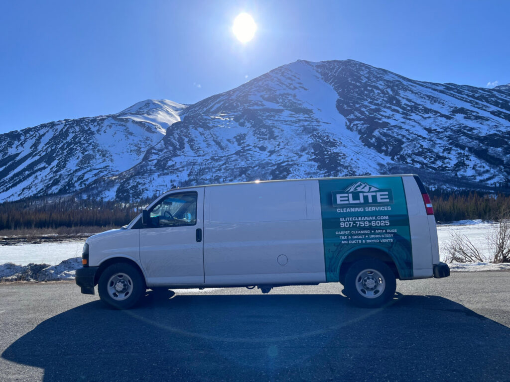 Elite Cleaning Services branded van with 'Carpet Cleaning' listed as a service, parked in Elgin, IL