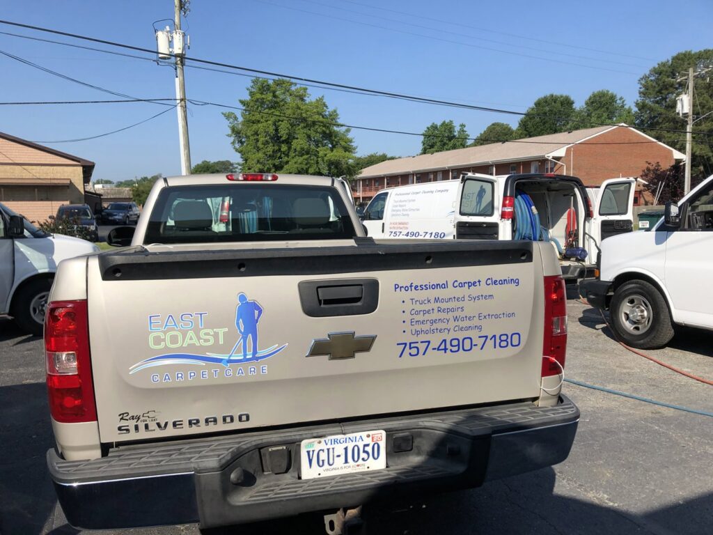 Three blue air movers used for emergency water extraction and drying by East Coast Carpet Care, Inc. in Chesapeake, VA.