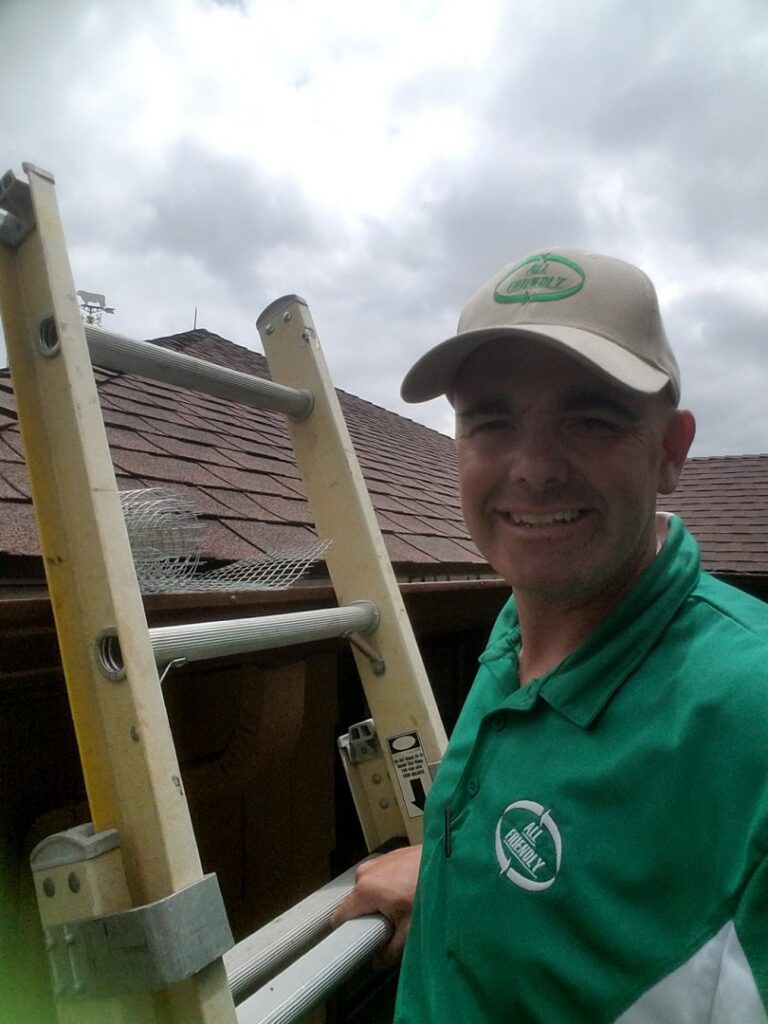 An All Friendly Mole Control & Pest Services employee on a ladder, possibly installing wildlife exclusion mesh on a roof in Saint Joseph, MO.
