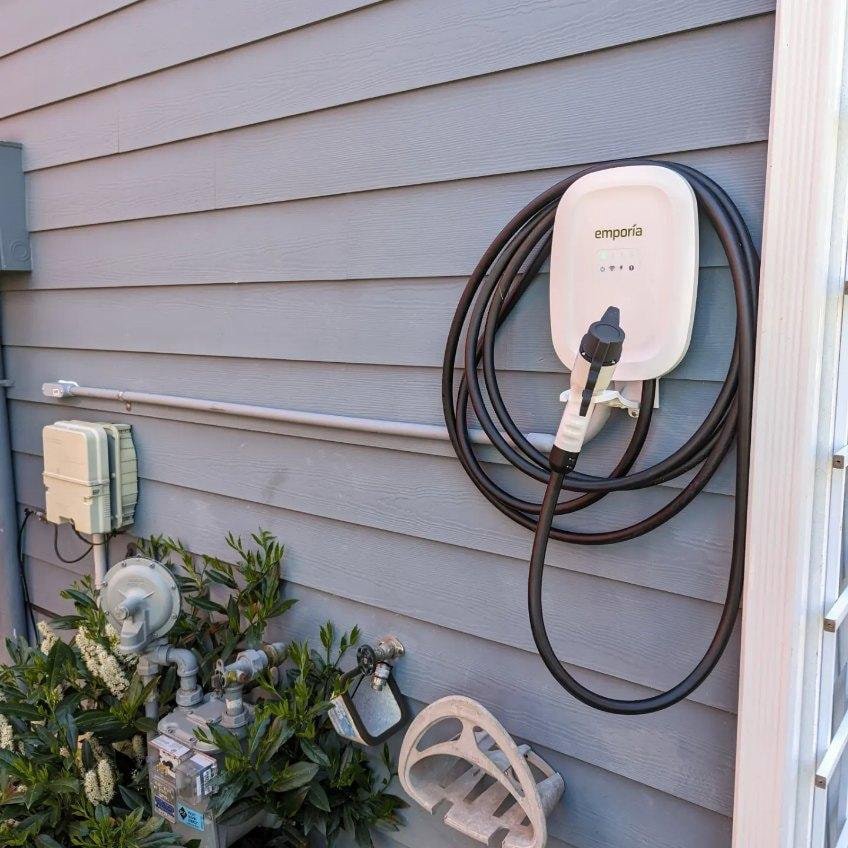 An Emporia EV charger installation on a house by Elving Electric in Marysville, WA