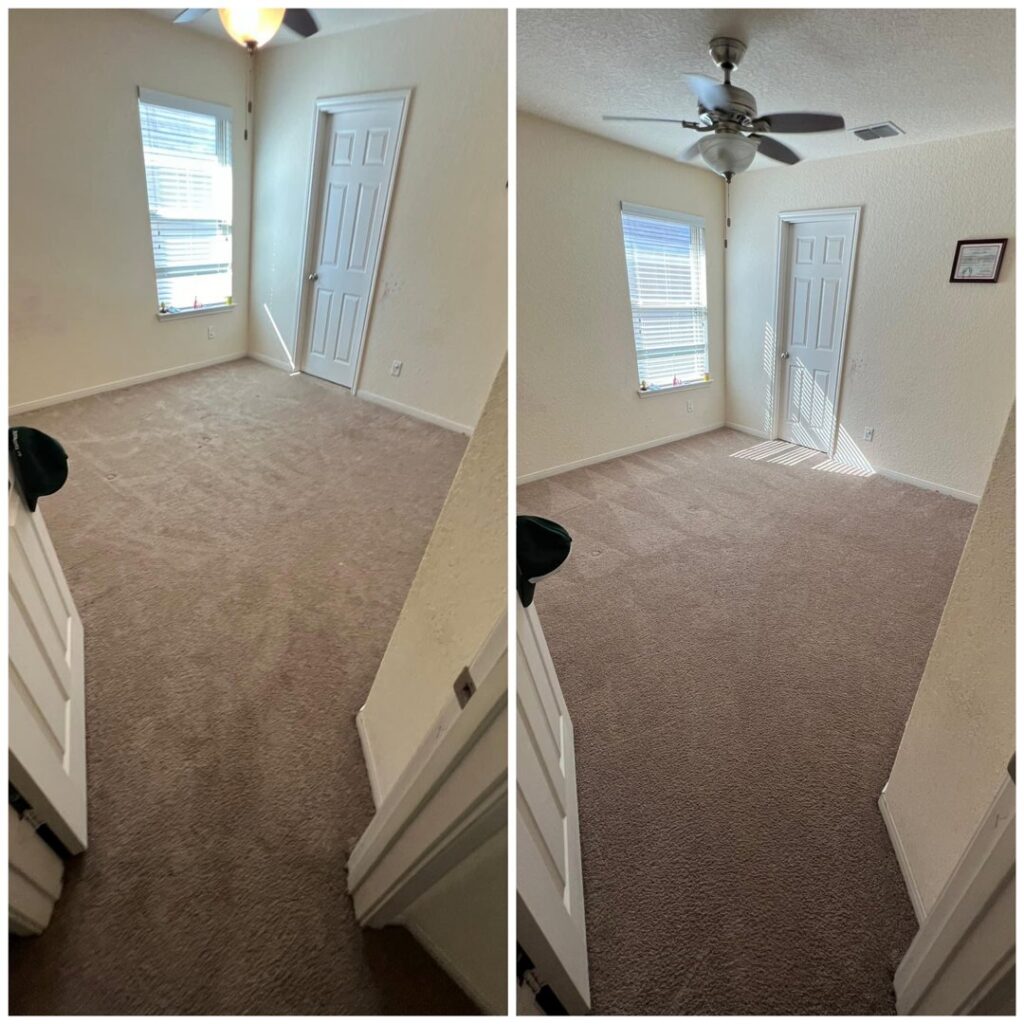 A before and after comparison of an empty bedroom carpet, highlighting the cleaning results by Green Dragon Carpet & Upholstery Cleaning LLC in Boise, ID.