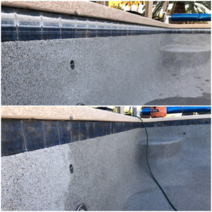 Before and after view of an empty pool's surface and tile line after cleaning by Surprise Pool & Spa in Surprise, AZ