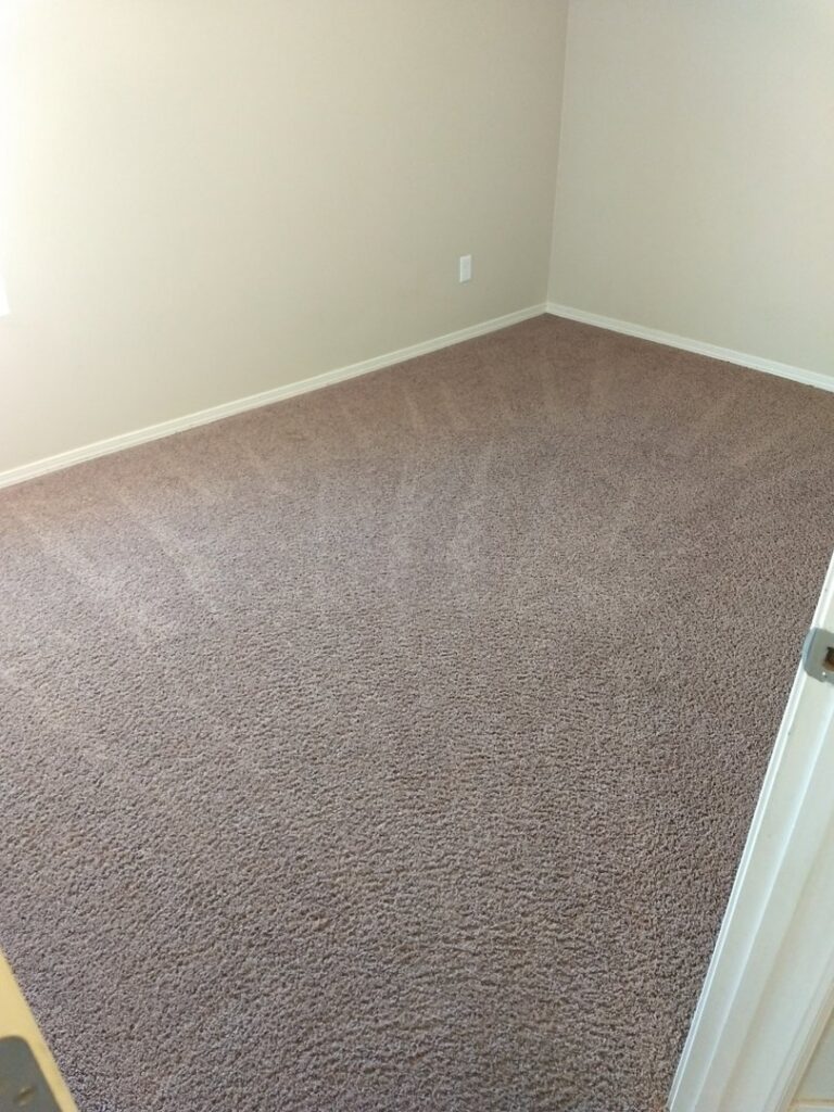A freshly cleaned carpet with visible cleaning patterns in an empty room by Carpet Masters of Albuquerque, NM.