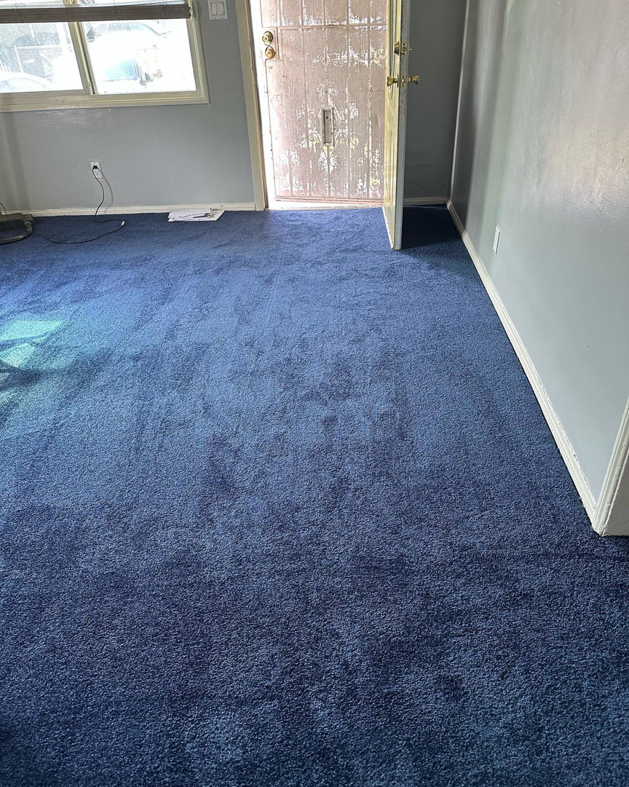 Entryway and hallway with new blue carpet installed by Jimenez Carpet in Lynwood, CA