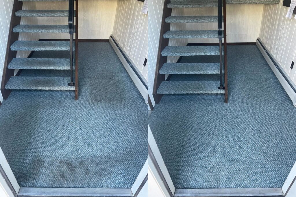Before and after comparison of entryway and stairs carpet cleaning by Select Carpet Clean LLC in Scranton, PA.