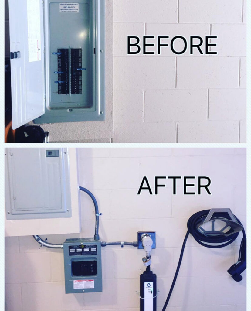 Before and after photos of an EV charger installation and electrical panel upgrade by PlugTech LLC in Orlando, FL