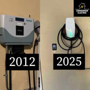 Before and after view of an electric vehicle charger upgrade completed by Zimmerman Electric Indy in Indianapolis, IN