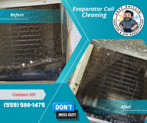 Before and after photos of an evaporator coil cleaning service by Just Chillin' Heating & Air Conditioning, Inc. in Fresno, CA.