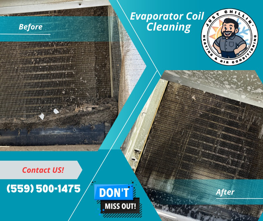 Before and after photos of an evaporator coil cleaning service by Just Chillin' Heating & Air Conditioning, Inc. in Fresno, CA.