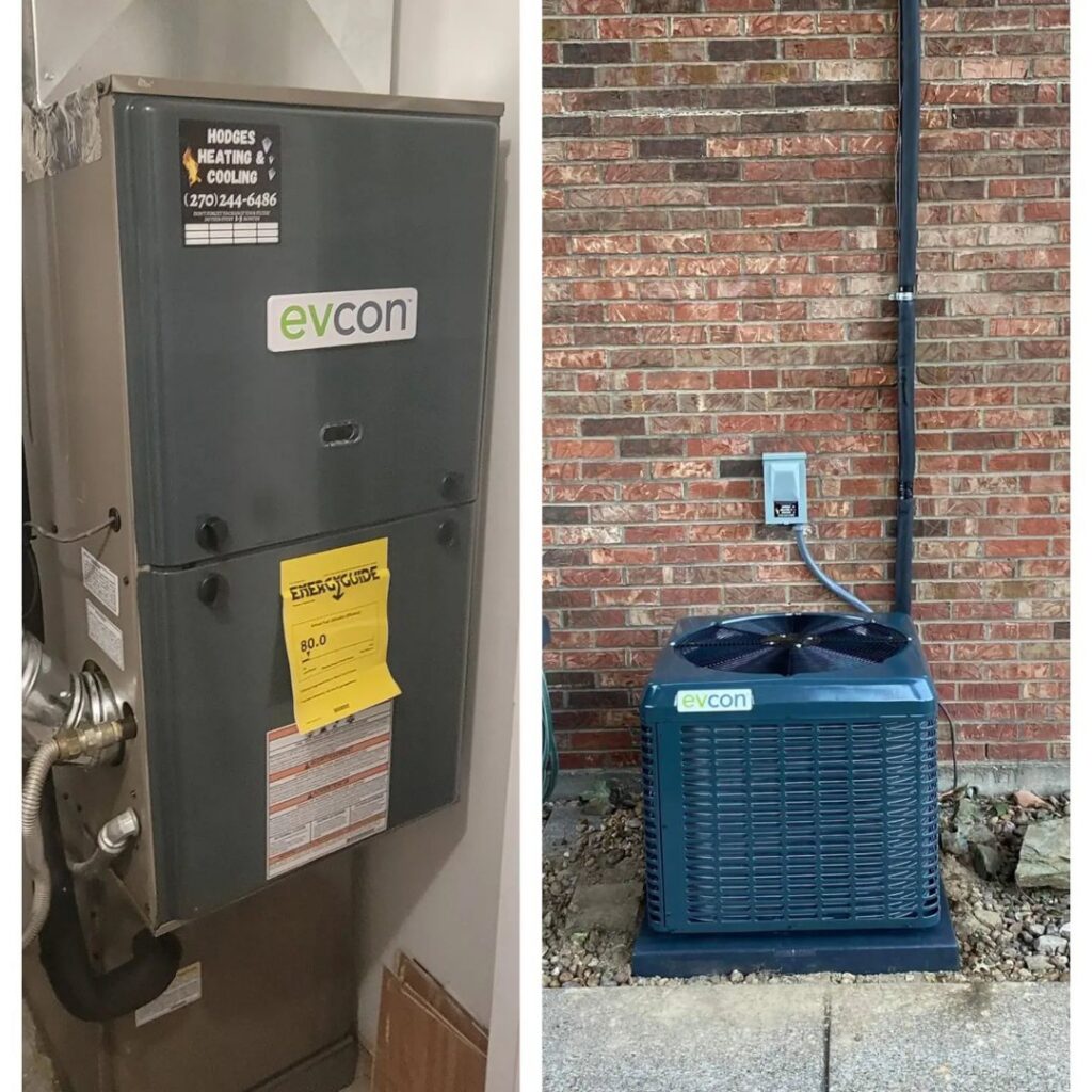 A split image showing an Evcon indoor air handler and outdoor AC condenser installed by Hodges Heating & Cooling in Owensboro, KY.