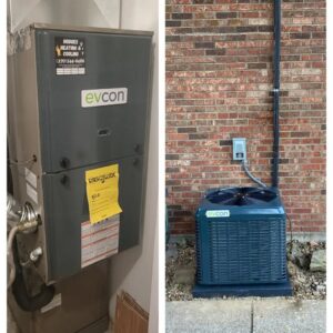 A split image showing an Evcon indoor air handler and outdoor AC condenser installed by Hodges Heating & Cooling in Owensboro, KY.