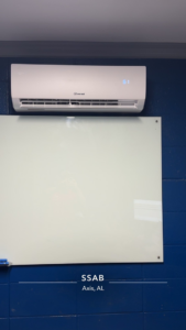 An Everwell indoor mini-split AC unit installed on a blue wall by Spartan Air Conditioning in McIntosh, AL.