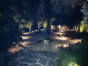 An expansive backyard with pool and comprehensive landscape lighting by The Lighting Geek in Sacramento, CA.