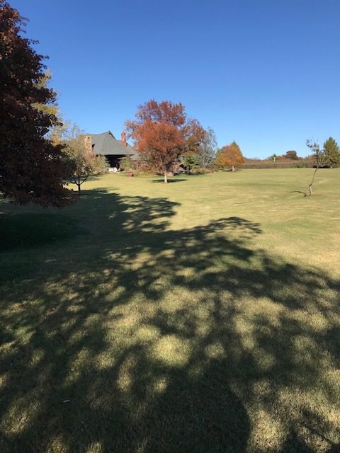 An expansive, well-maintained green lawn surrounding a residential property, showcasing C-Green Lawns in Yukon, OK.