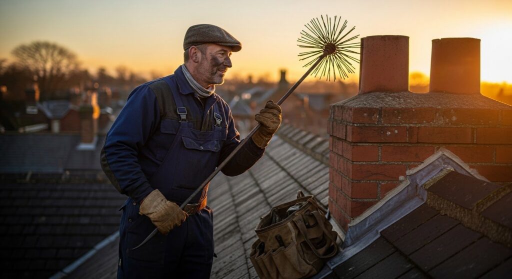 An experienced chimney sweep on a roof with a brush, performing a cleaning for Denver Chimney Sweep in Denver, CO.