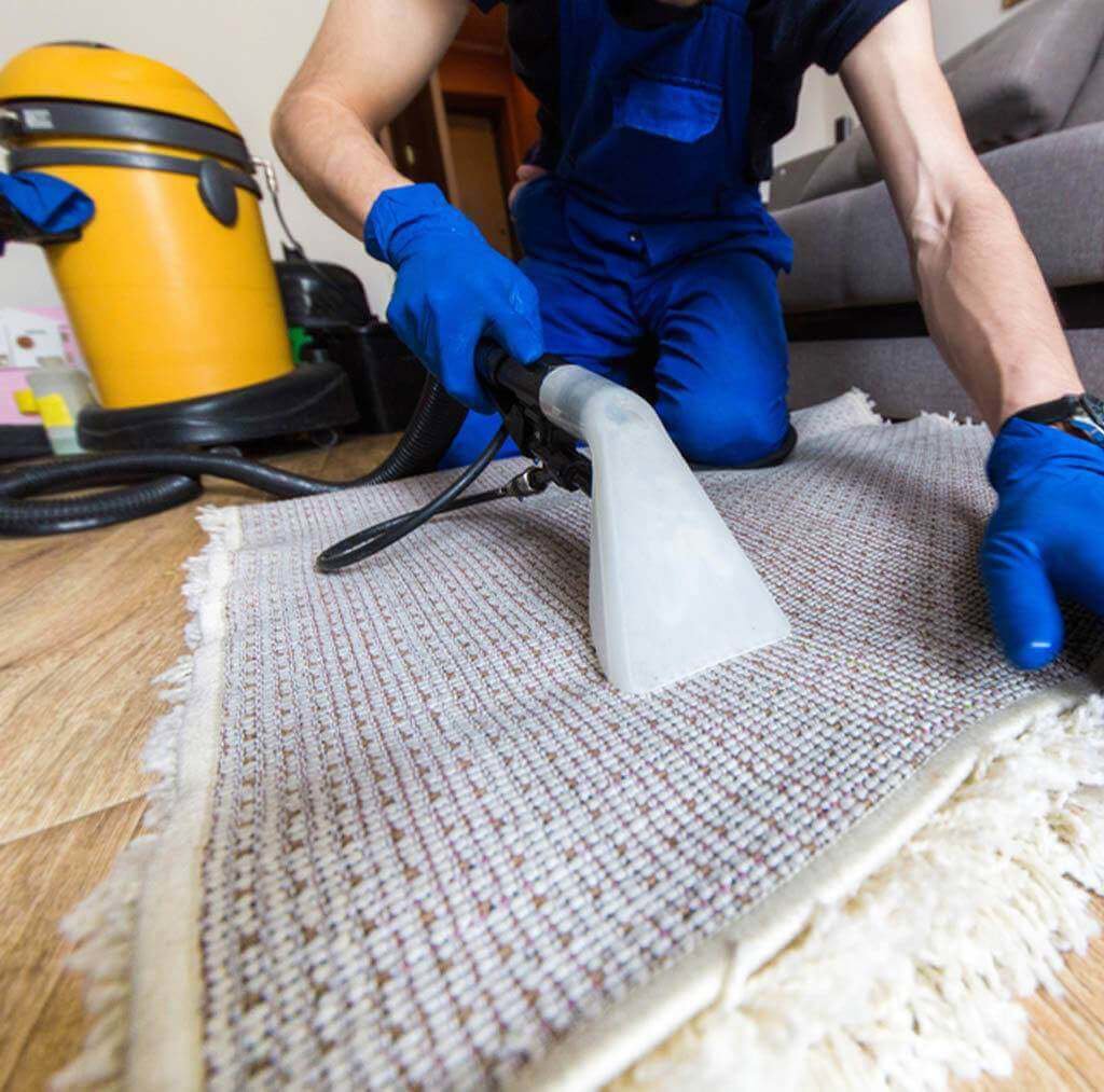An expert performing area rug cleaning service with professional equipment for GTS future cleaning services in Los Angeles, CA