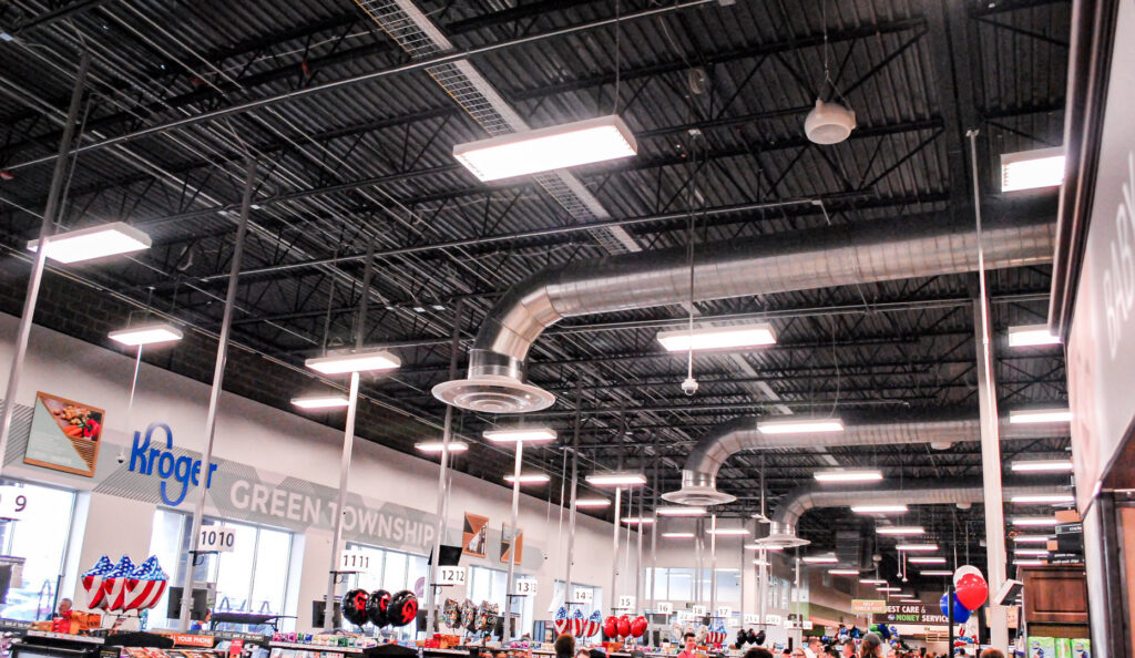 Extensive exposed HVAC ductwork and ventilation systems in a Kroger store, installed by Air-Flow Mechanical Services, Inc. in Cincinnati, OH.