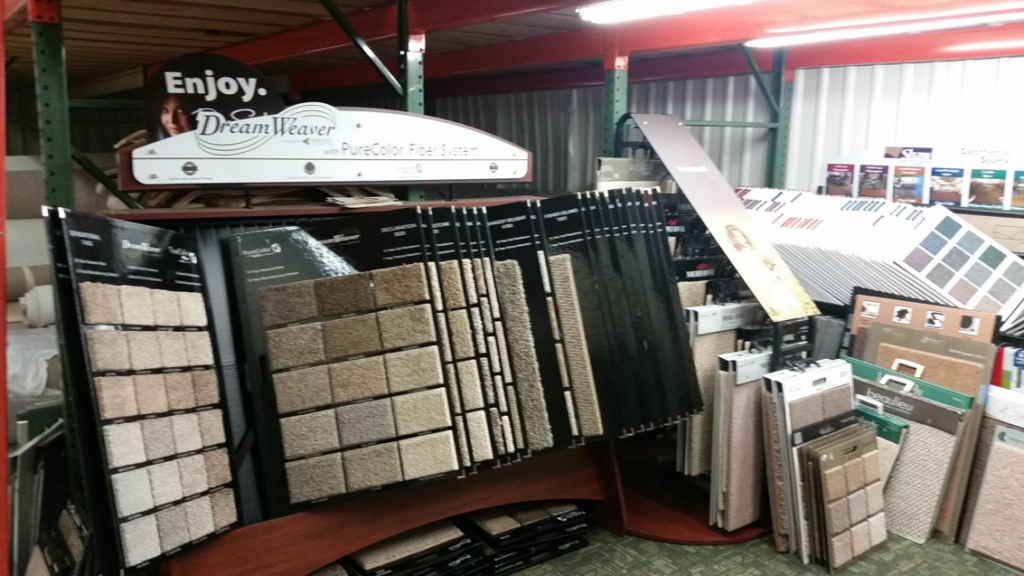 An extensive display of various carpet samples in the showroom of M&S Flooring Inc. in Ardmore, TN.
