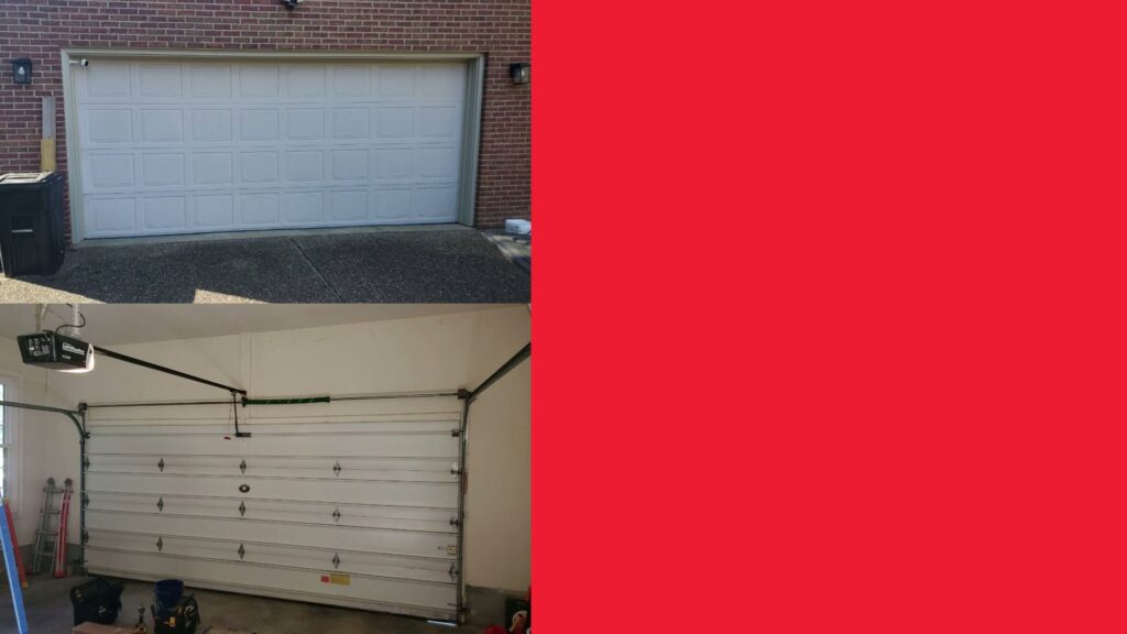 A collage featuring the exterior of a white garage door and an interior view of its mechanism, showcasing work by Community Garage Door Services in Louisville, KY.