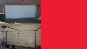 A collage featuring the exterior of a white garage door and an interior view of its mechanism, showcasing work by Community Garage Door Services in Louisville, KY.