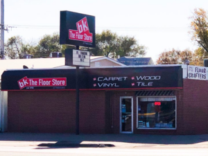 The exterior of BK The Floor Store of Nebraska building, showcasing carpet services in Columbus, NE.