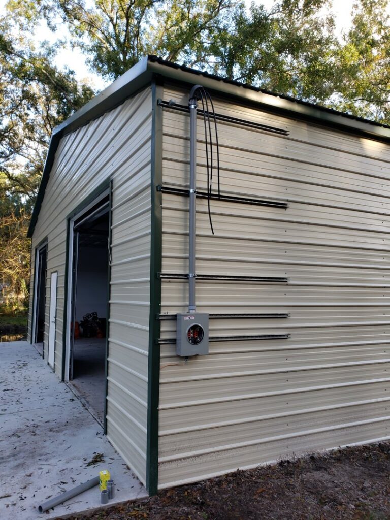 Exterior electrical conduit and meter box installation on a metal building by Everyday Electric in Tampa, FL.