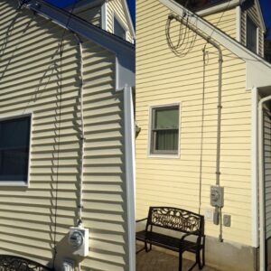 Before and after of an exterior electrical conduit and meter upgrade by Richard Sullivan Licensed Electrician in Brockton, MA.