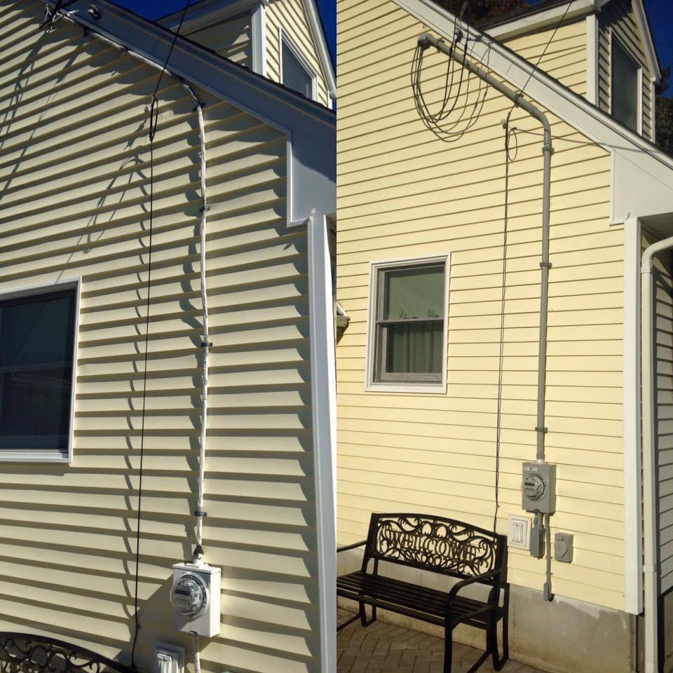 Before and after of an exterior electrical conduit and meter upgrade by Richard Sullivan Licensed Electrician in Brockton, MA.