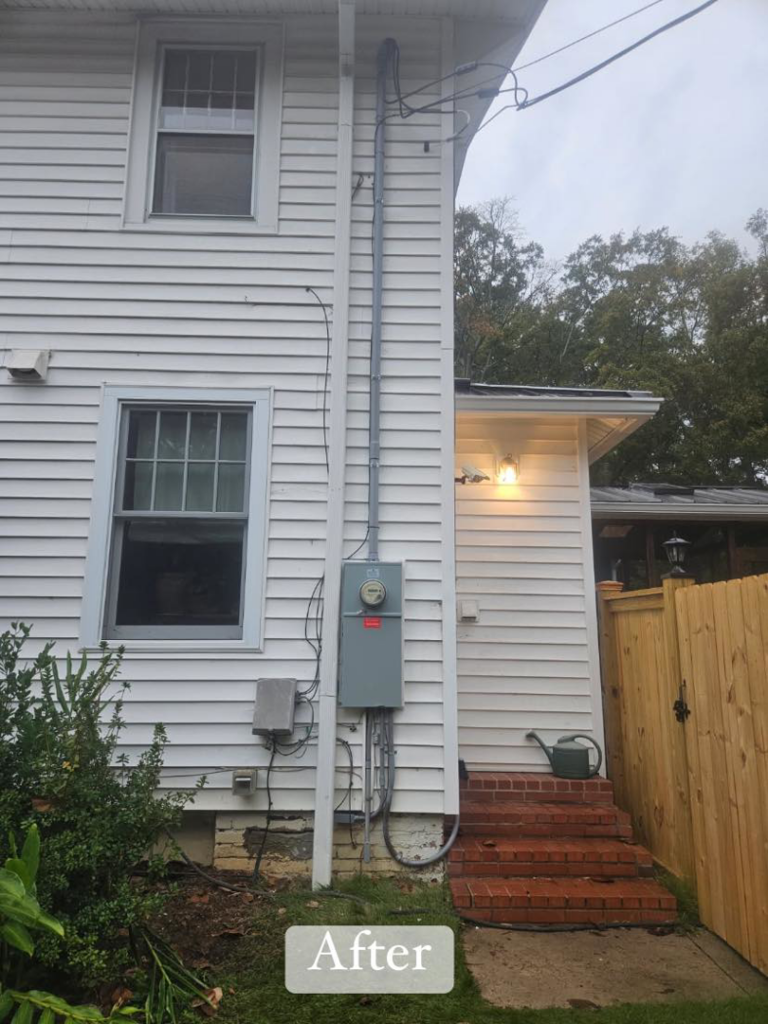 Newly installed exterior electrical meter and conduit after service by HLR Electric Company, LLC in Durham, NC.