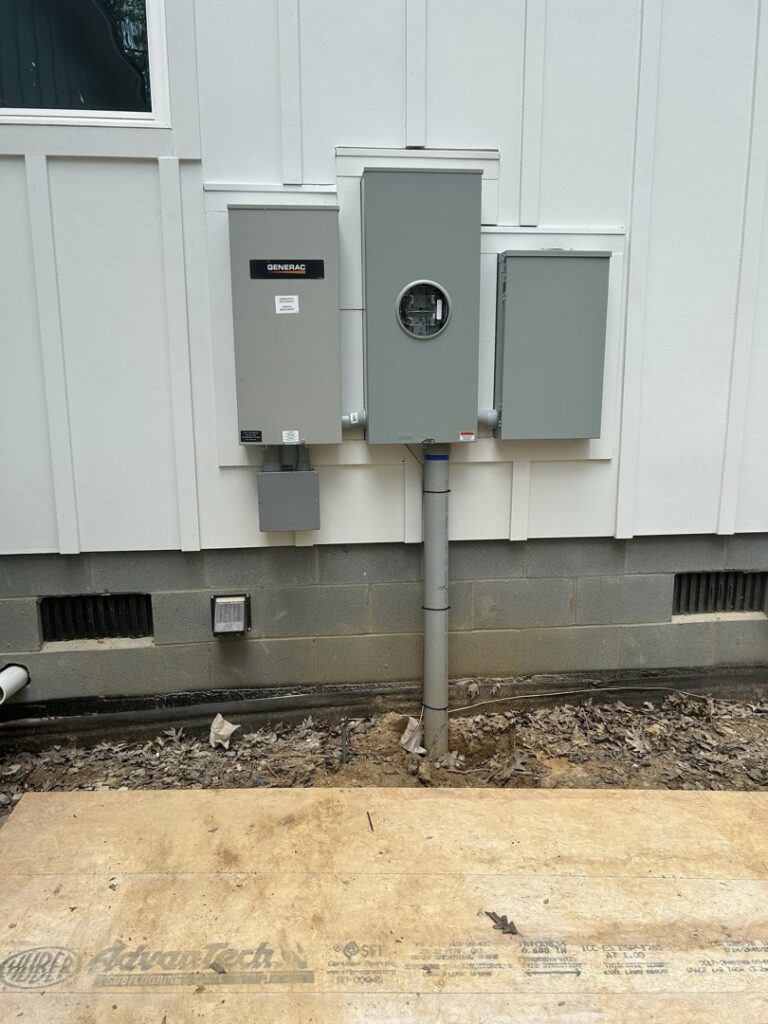 Exterior electrical meter and panel installation, including Generac components, by Prime Time Electric in Rock Hill, SC.