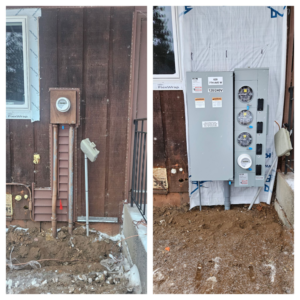 Before and after view of an exterior electrical meter and service upgrade performed by 715 Electric LLC in Eau Claire, WI.