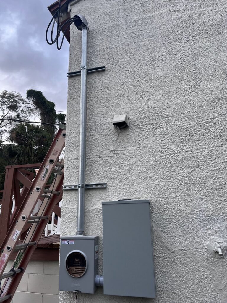 An exterior electrical panel and meter base installation on a building, completed by Polen Electrical Solutions in Vancouver, WA