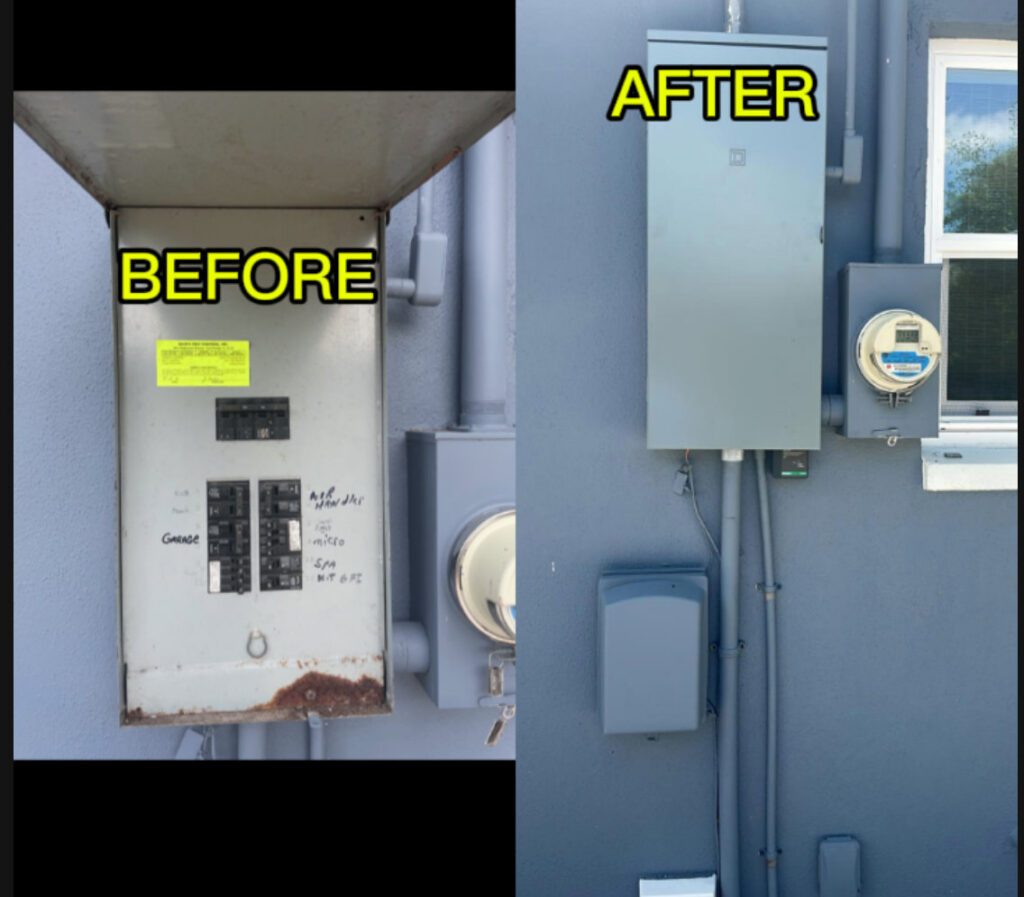 Before and after photos of an exterior electrical panel upgrade and replacement by PlugTech LLC in Orlando, FL