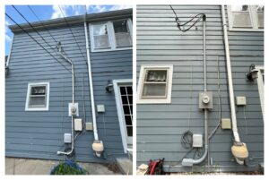 Before and after of an exterior electrical service upgrade by Pure Light Electric in Kansas City, MO.